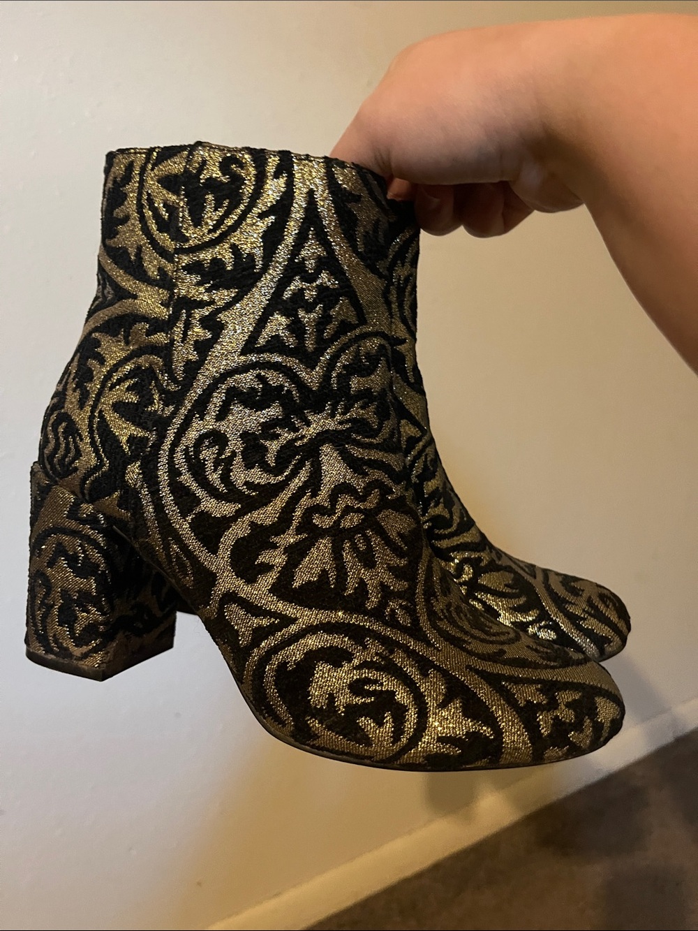 JustFab Black & Gold Brocade Ankle Boots
